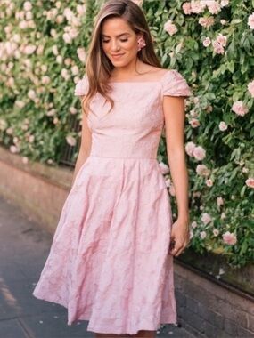 Gal Meets Glam Augusta Dress
Pink Cap Sleeve Jacquard Brocade
Fit Flare size 6